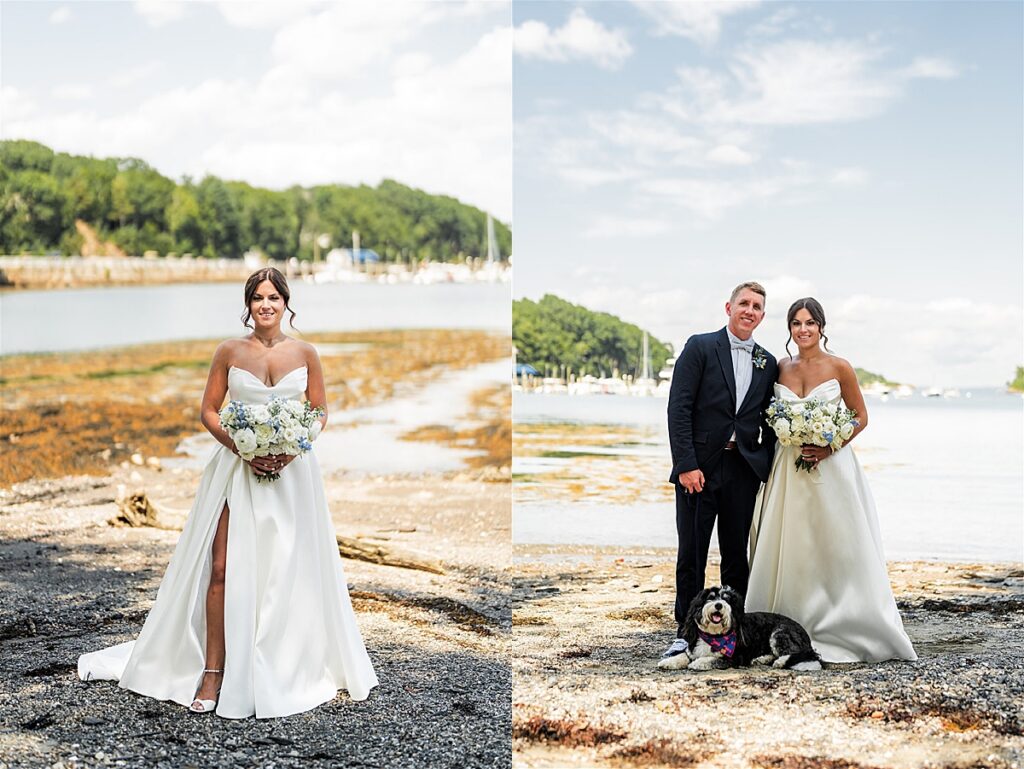 Bride holding bouquet on a rocky beach and couple posing with their dog by the water at Inn at Diamond Cove in Maine.