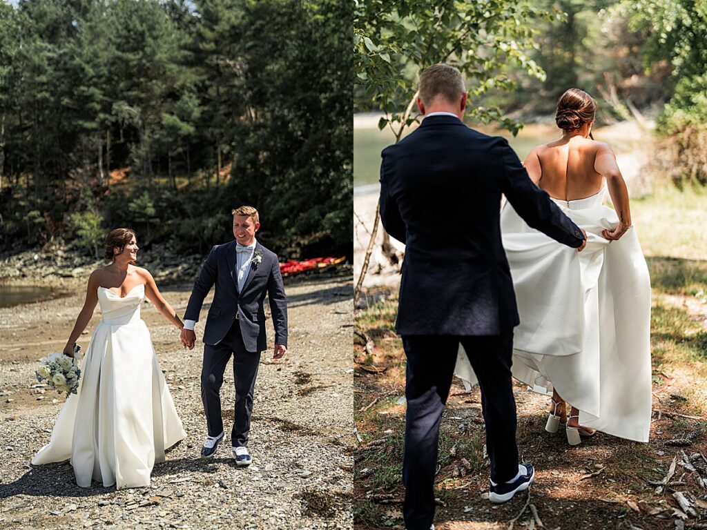 Bride and groom walking hand in hand along a wooded shoreline and groom helping bride step down a path near the water at Inn at Diamond Cove in Maine.