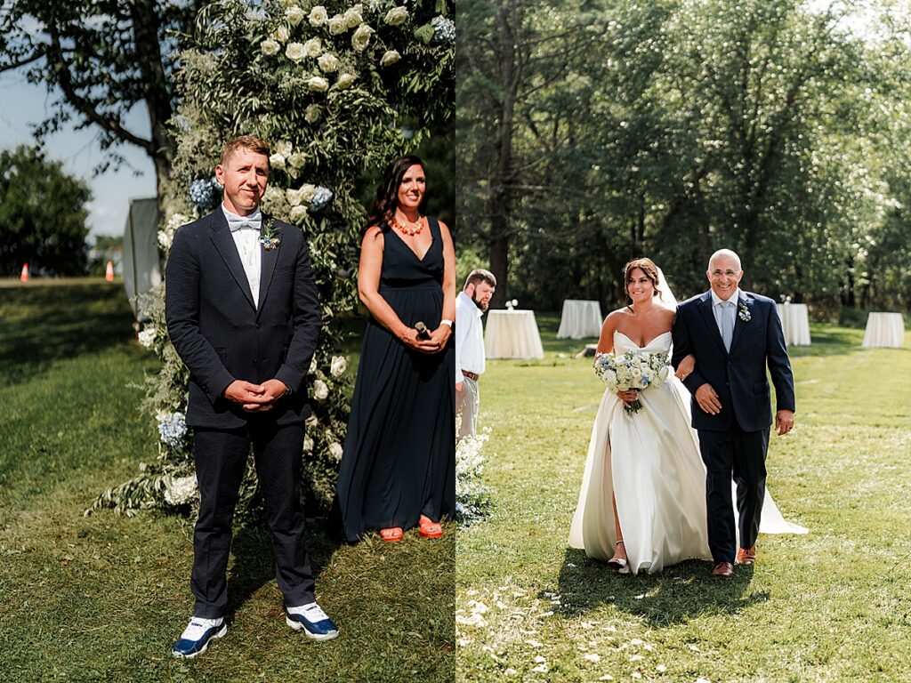 Groom waiting at the altar and bride walking down the aisle with an older man during an outdoor ceremony at Inn at Diamond Cove in Maine.
