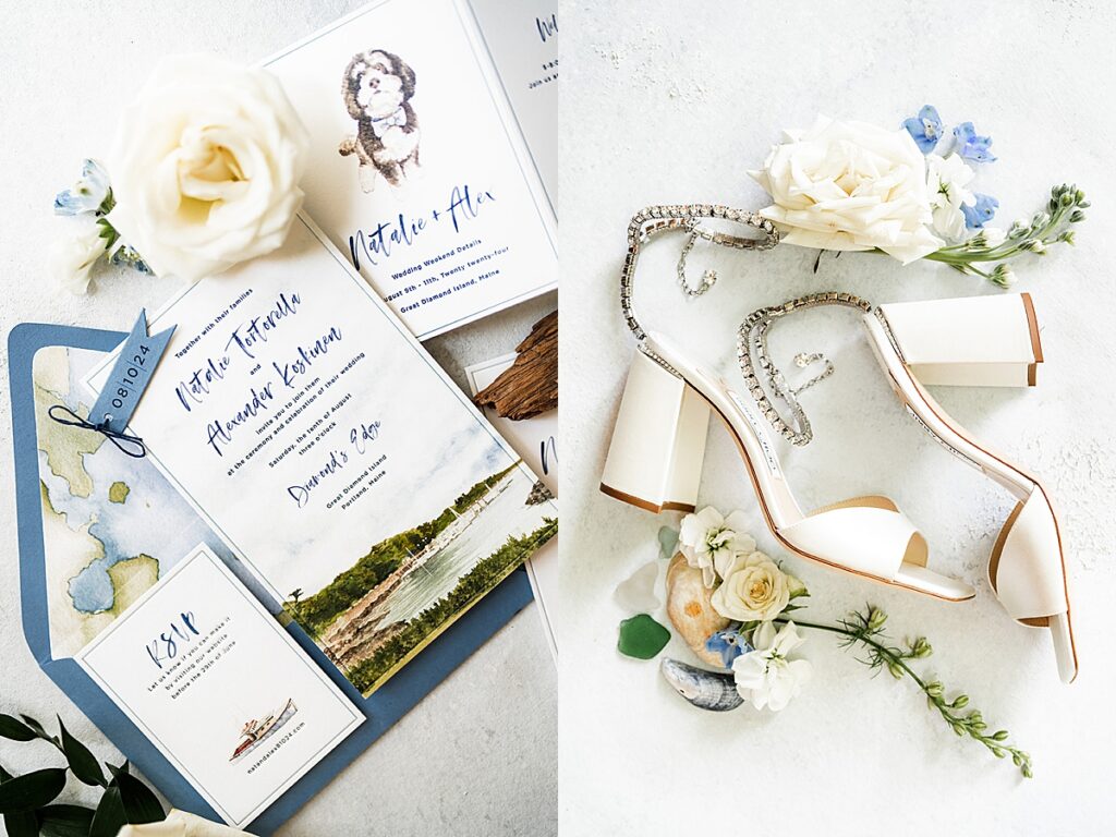 Wedding invitation suite with blue accents and bride’s heels styled with florals and jewelry.