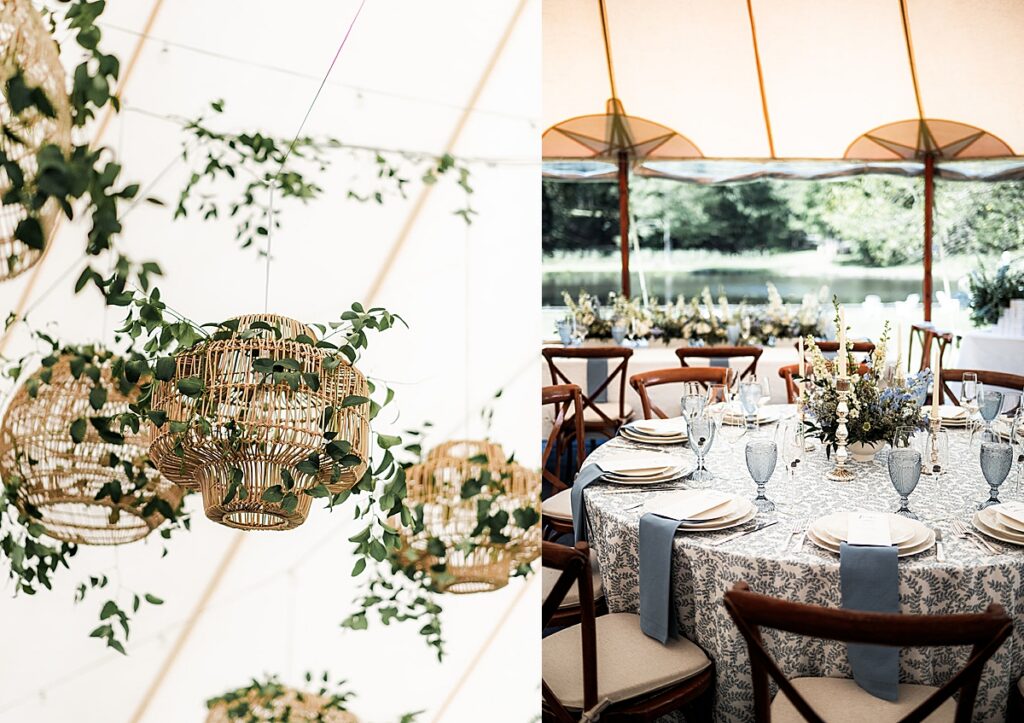 Woven pendant lights with greenery hanging above round reception tables set with blue and white details.