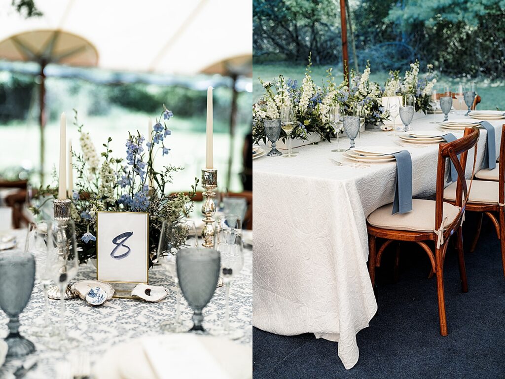 Table number display with candles and blue florals and long banquet tables styled with soft blue accents.