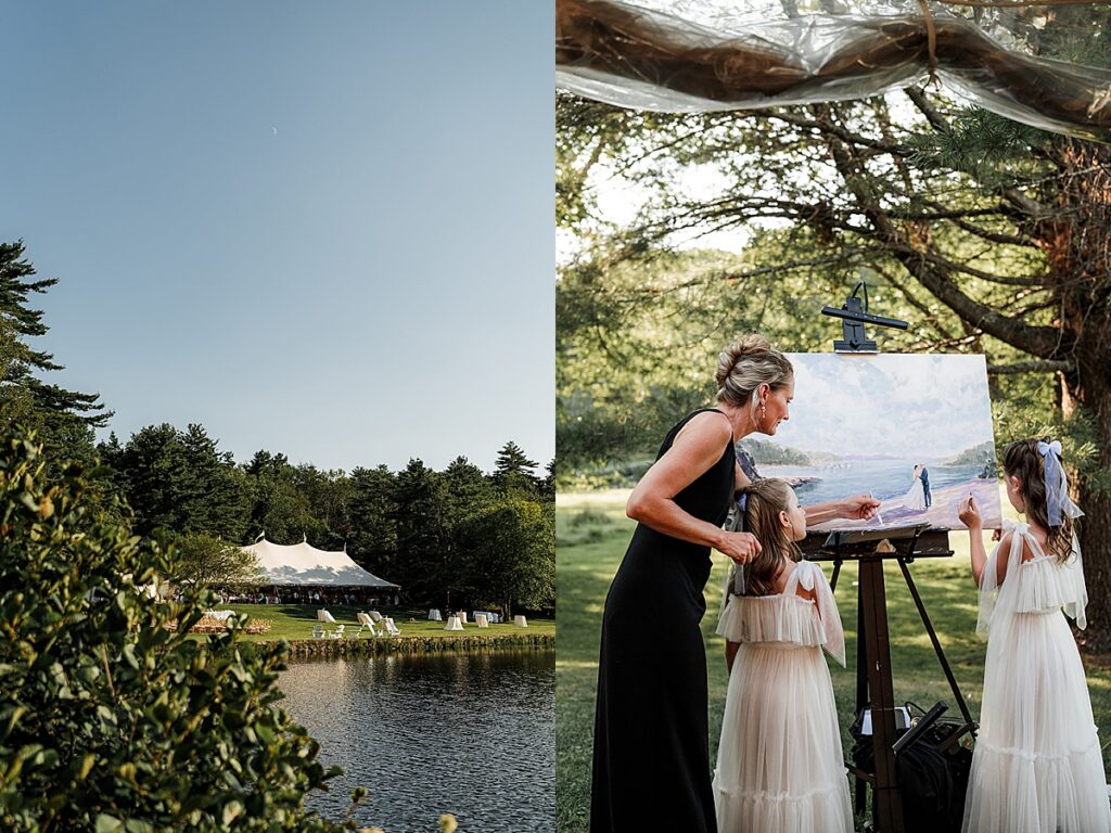 Lakeside view of a sailcloth tent reception and live wedding painter working with two children nearby.