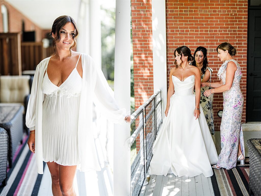 Bride in a white robe on a balcony and bride being helped into her gown by two women on a brick porch at Inn at Diamond Cove in Maine.