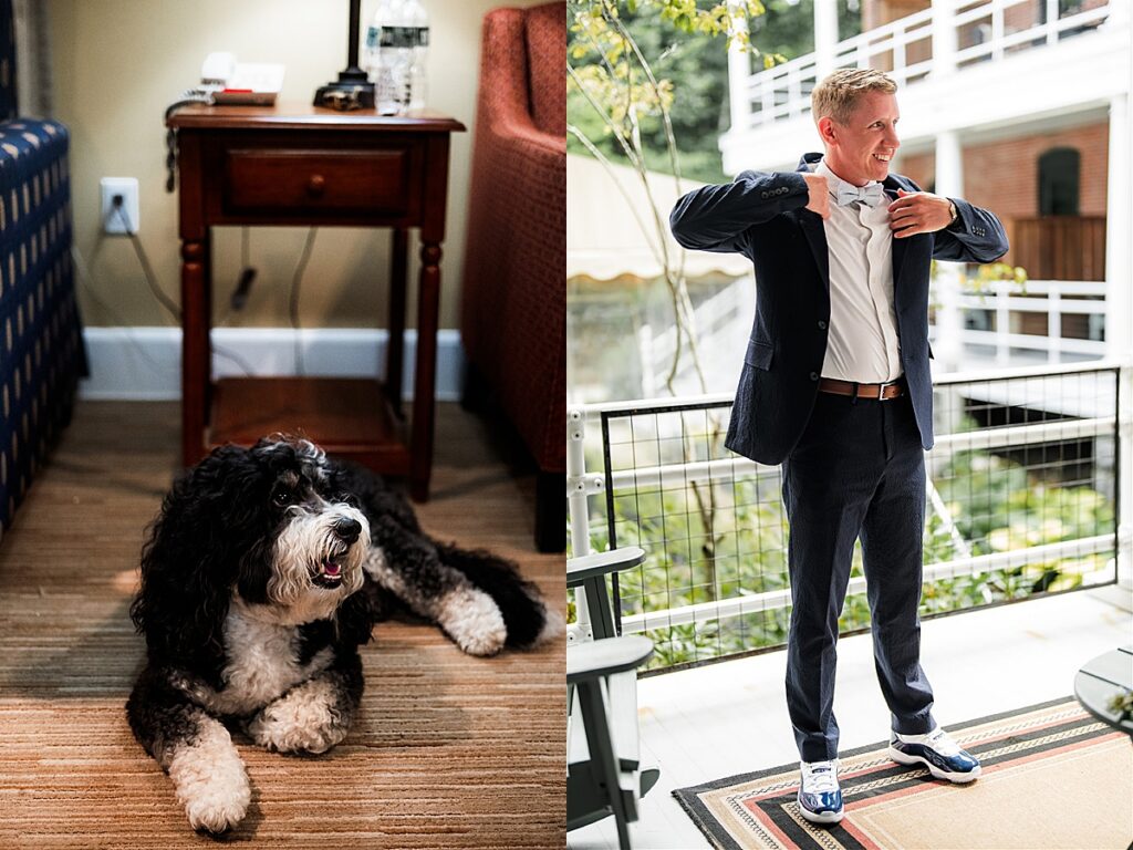 Dog resting on the floor beside furniture and groom adjusting his jacket on a balcony at Inn at Diamond Cove in Maine.