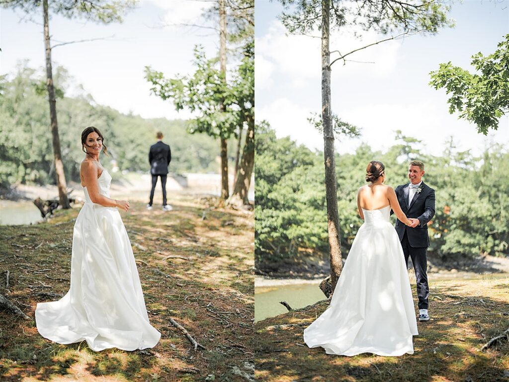 Bride walking toward groom for a first look and couple embracing under trees near the water at Inn at Diamond Cove in Maine.