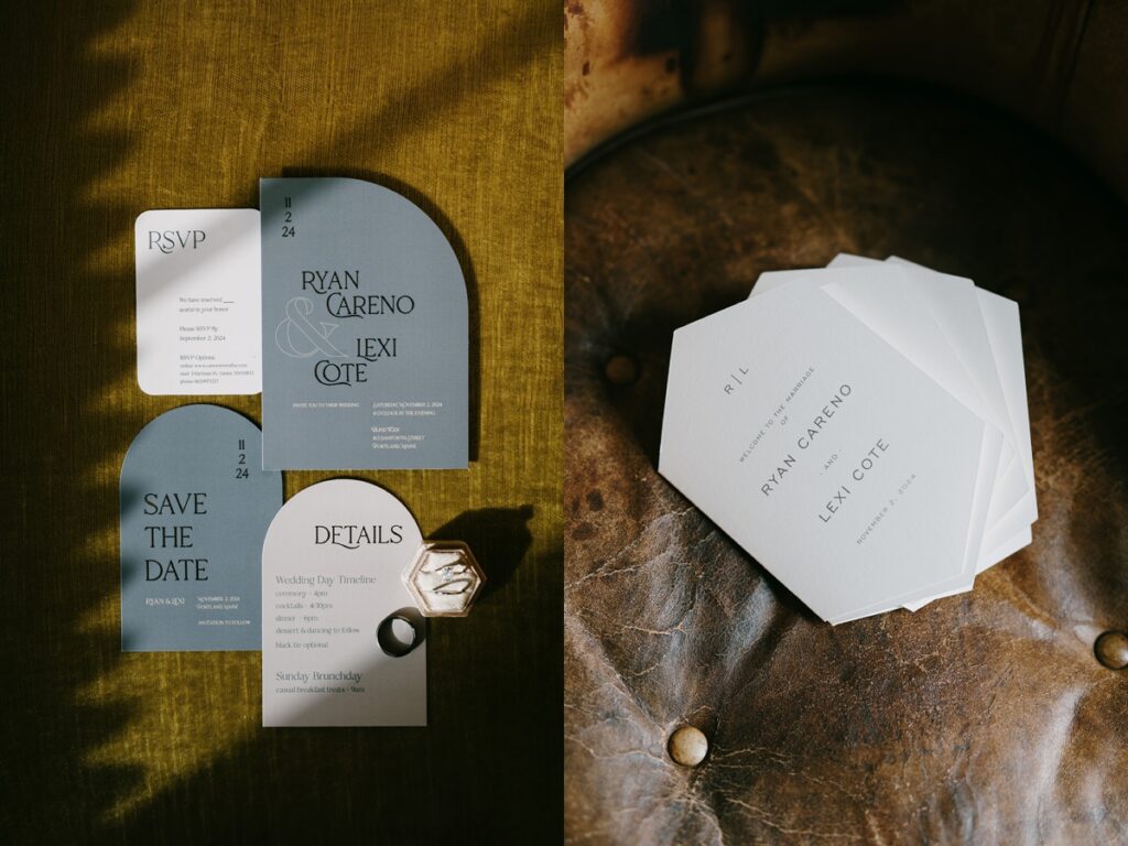 Left: Wedding invitation suite with RSVP, save the date, and details cards on textured gold fabric. Right: Minimal hexagonal wedding invitation cards stacked on a worn leather chair.