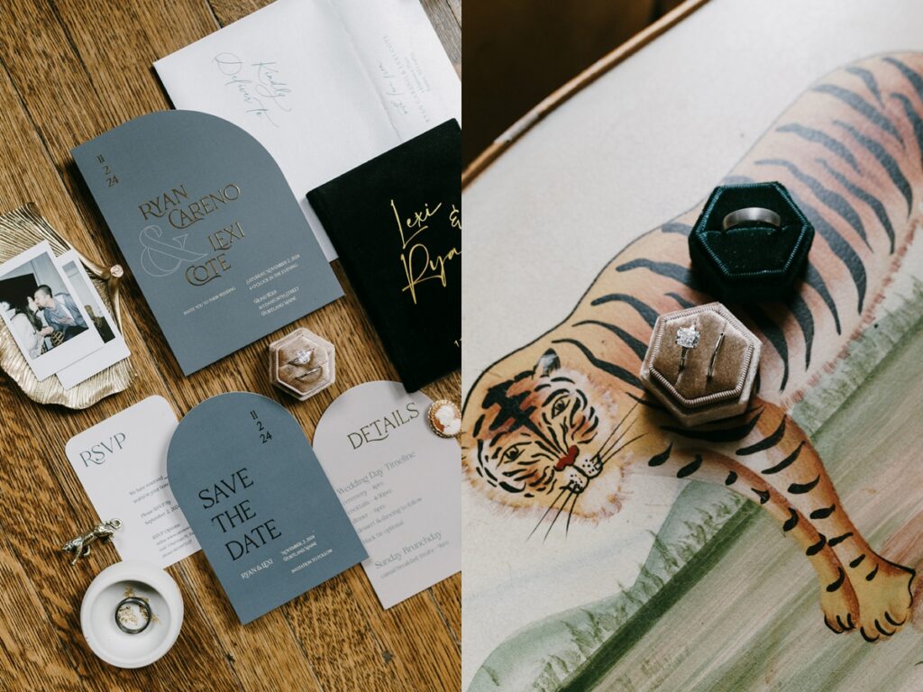 Left: Blue and white wedding invitation suite styled with rings, photos, and vintage accents. Right: Two wedding rings in velvet boxes resting on a tiger print piece of art.