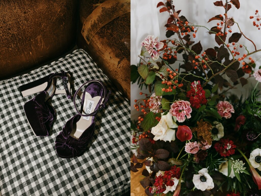 Left: Pair of dark velvet heels placed on a checkered cushion beside a leather chair. Right: Full floral arrangement with deep red, blush, and white blooms with greenery.