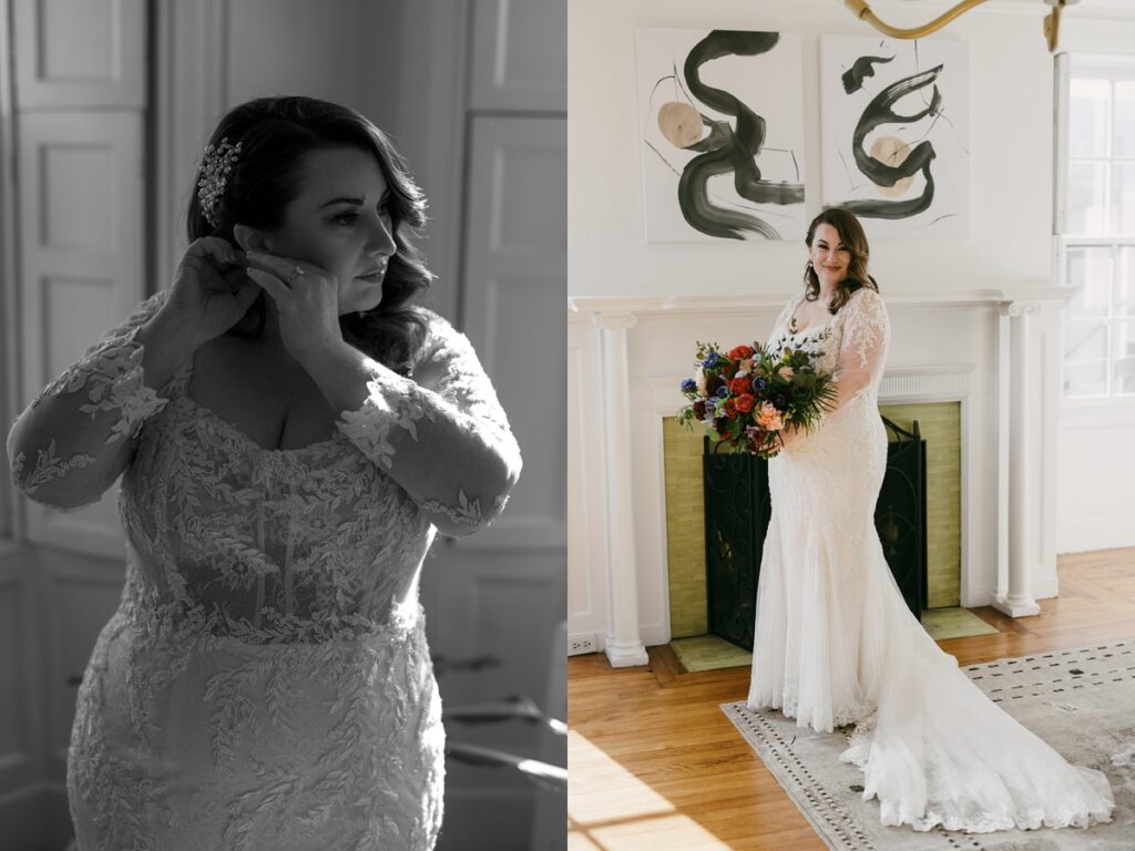 Left: Bride adjusting her earring in a lace gown near a window, soft light falling across her face. Right: Bride holding a bouquet, standing by a fireplace in a bright room at Blind Tiger in Portland, Maine.