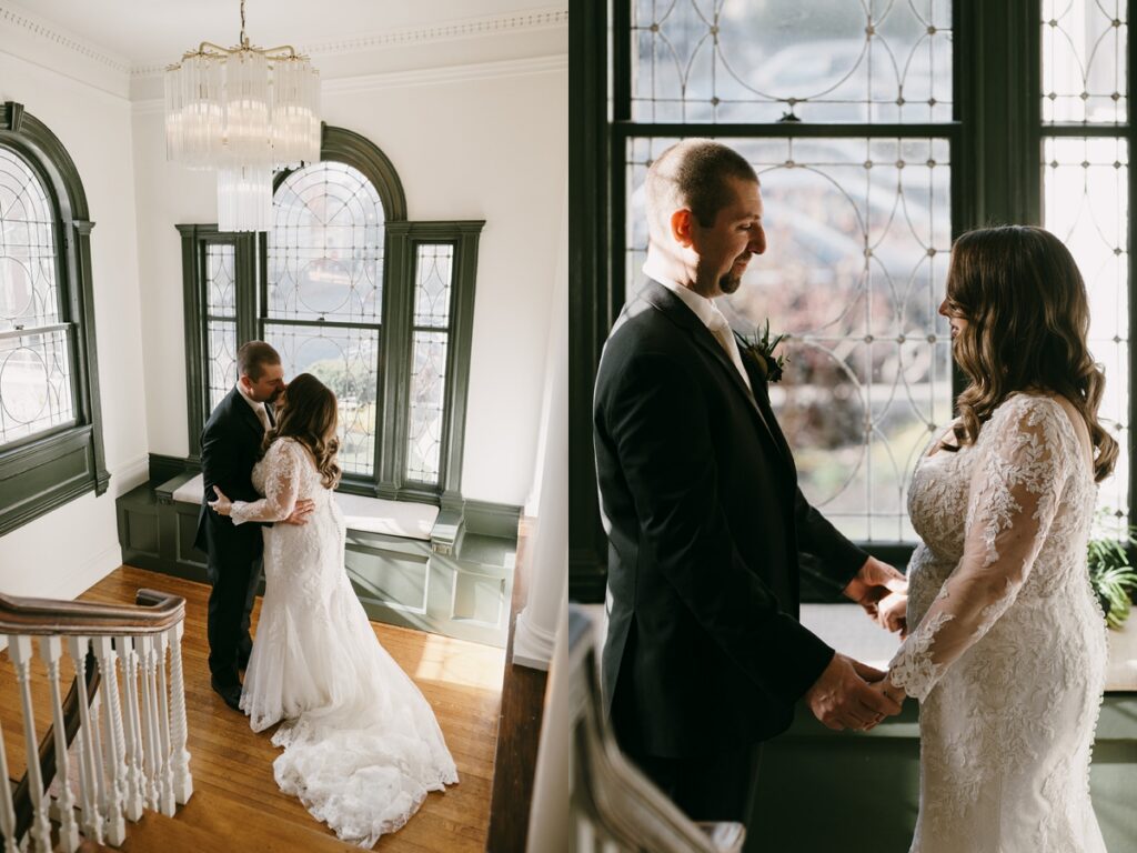 Left: Couple embracing by tall windows and staircase inside an intimate Portland, Maine venue. Right: Close view of the couple holding hands and facing each other by the window.