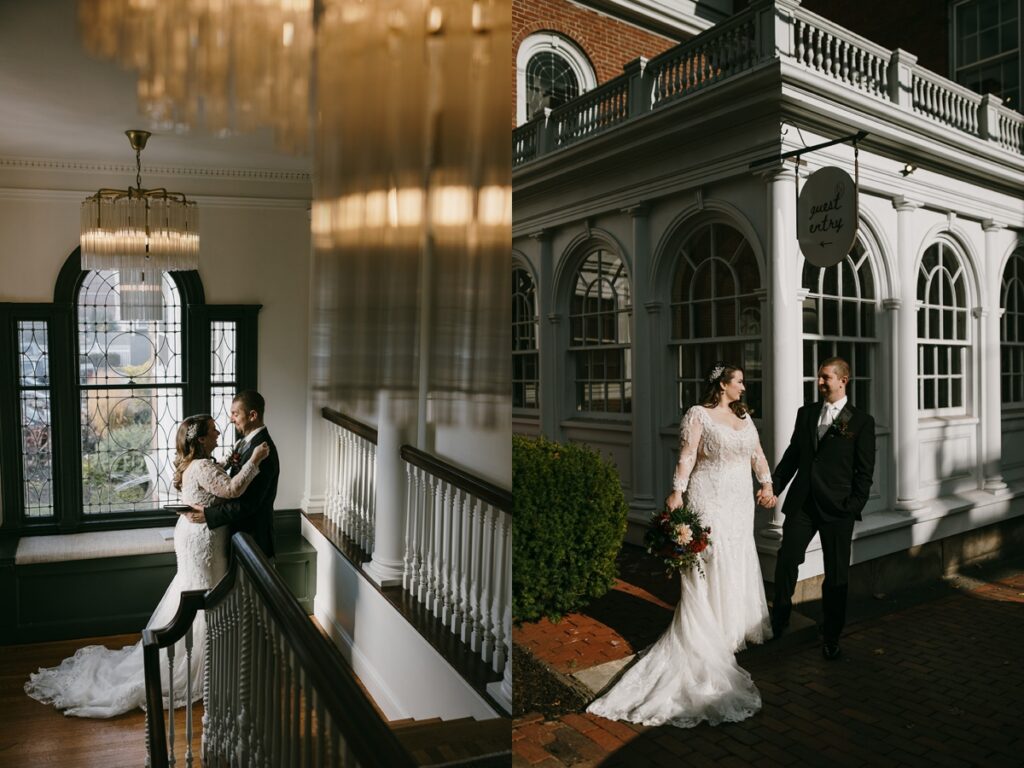 Left: Couple embracing on a staircase with natural light streaming through tall windows. Right: Bride and groom walking hand in hand outside Blind Tiger in Portland, Maine.