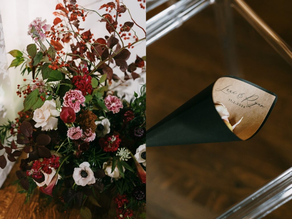 Left: Close-up of a textured bouquet with red, blush, and white flowers. Right: Curved petal cone in dark hunter green and a tan interior with the names Lexi & Ryan written alongside the wedding date.