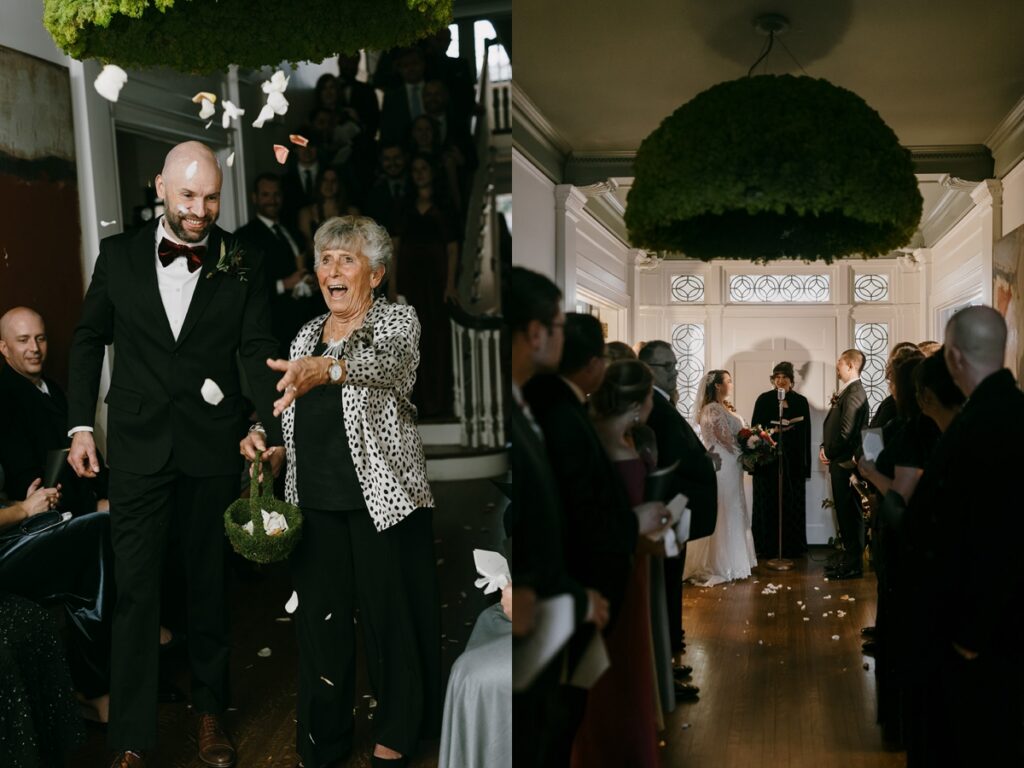 Left: Guest tossing petals during a joyful processional moment indoors. Right: Couple standing at the altar during an intimate indoor ceremony at Blind Tiger.
