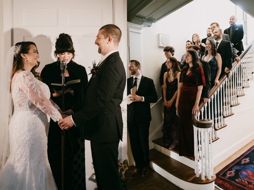 Left: Couple exchanging vows with officiant during a small indoor wedding ceremony. Right: Guests gathered on a staircase watching the ceremony.