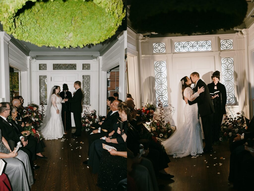 Left: Wide view of ceremony with guests seated along aisle and floral arrangements. Right: Couple sharing their first kiss beneath a hanging greenery installation.