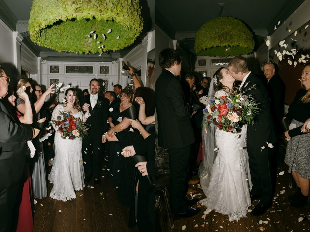 Left: Couple walking down aisle as guests toss petals in celebration. Right: Newlyweds kissing surrounded by guests during indoor ceremony exit.