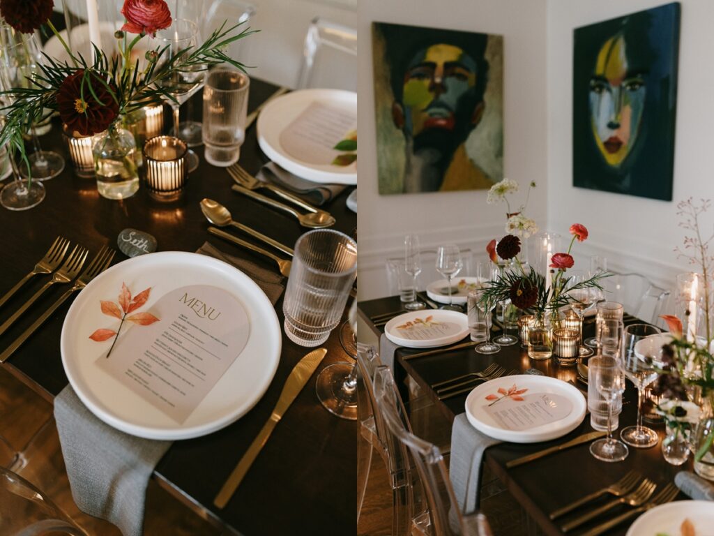 Left: Place setting with menu card and pressed leaves on a candlelit reception table. Right: Reception table with glassware, florals, and artwork on the wall behind.