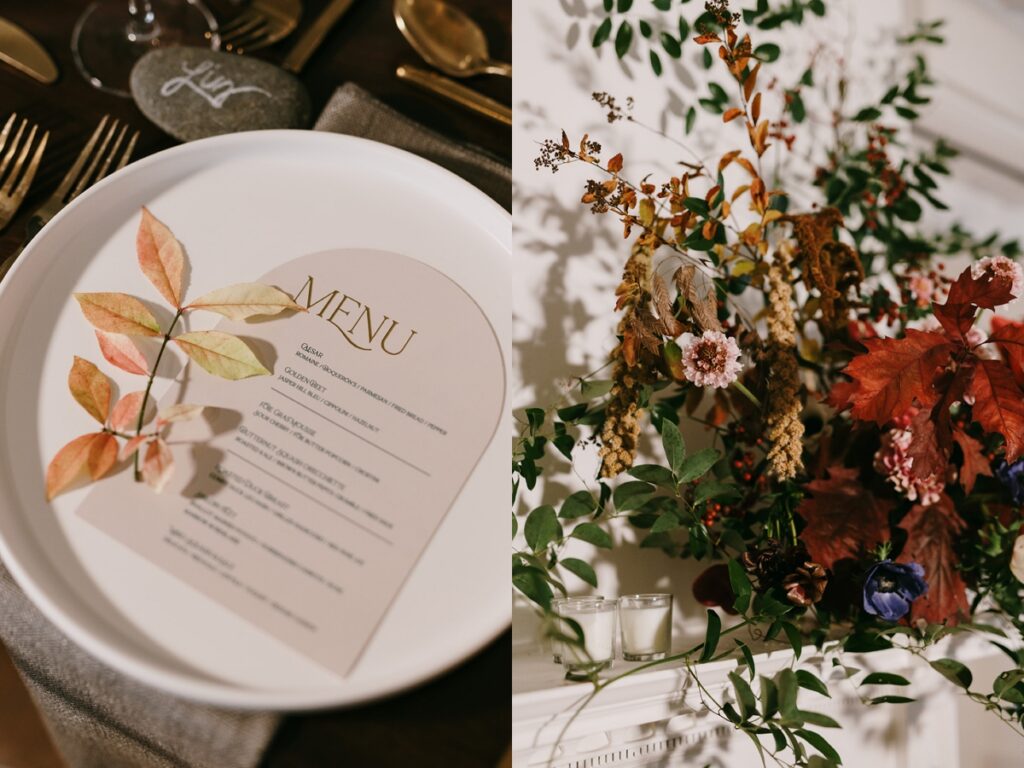 Left: Close-up of menu card with pressed leaves on a plate. Right: Floral arrangement with autumn tones styled along a mantel.