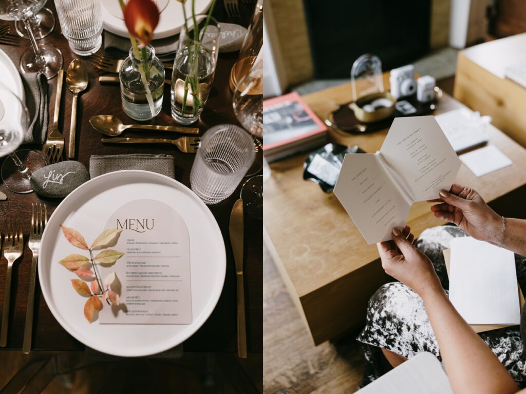 Left: Reception place setting with menu, glassware, and soft candlelight. Right: Guest holding a folded ceremony program over a wooden table.