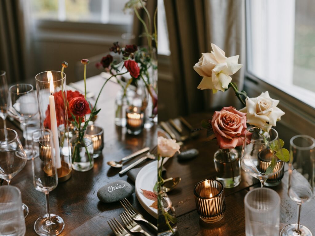 Left: Candlelit table with red flowers and place setting details. Right: Small vase with white and blush roses on a reception table.