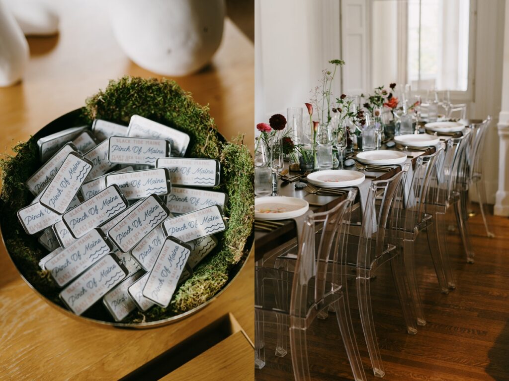 Left: Bowl of “Pinch of Maine” sea salt wedding favors on a wooden table. Right: Long reception table with clear chairs, place settings, and floral centerpieces.