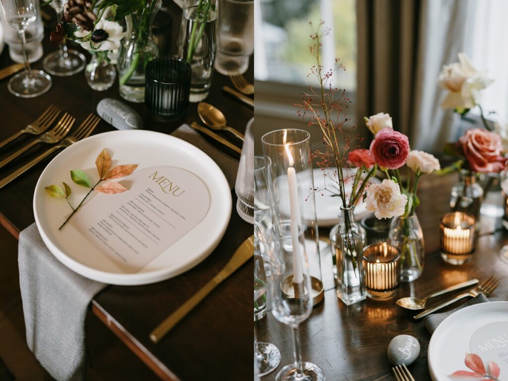 Left: Plate with menu card and pressed leaves at a styled reception setting. Right: Candlelit floral centerpieces with mixed blooms in glass vases.