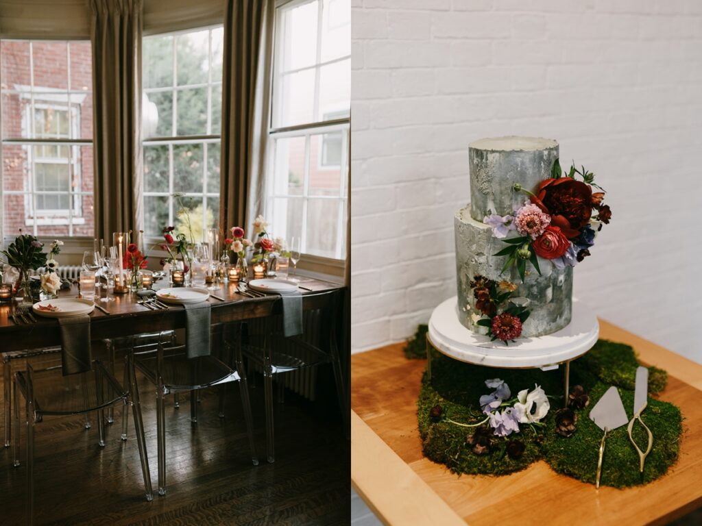 Left: Reception table set near large windows with candles and floral arrangements. Right: Two-tier wedding cake with textured frosting and fresh flowers on a wooden table.