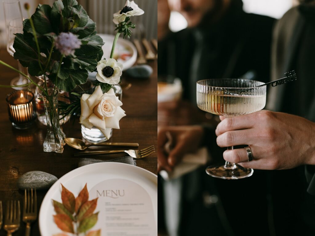 Left: Close-up of floral centerpiece with white rose and dark foliage. Right: Guest holding a coupe glass with a drink, wearing a ring.