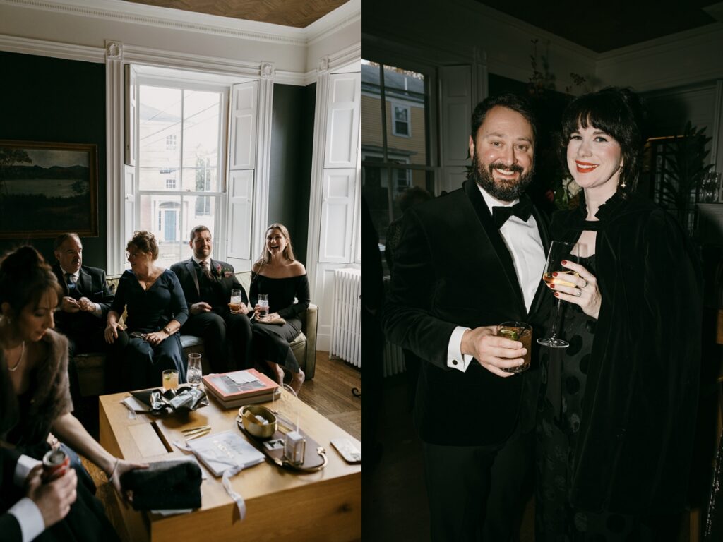 Left: Guests seated on a couch by a window holding drinks in a softly lit room. Right: Two guests dressed in formal attire holding drinks and smiling toward the camera.