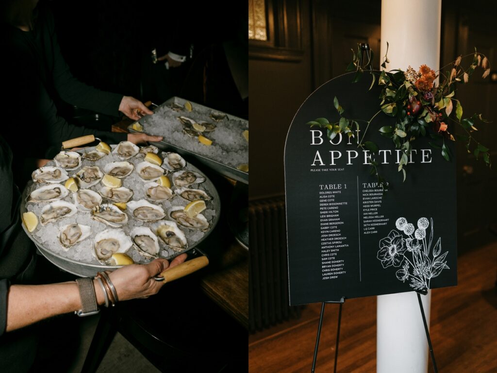 Left: Servers carrying trays of oysters on ice with lemon wedges during cocktail hour. Right: Black wedding seating chart with floral accent reading “Bon Appétit” on an easel.