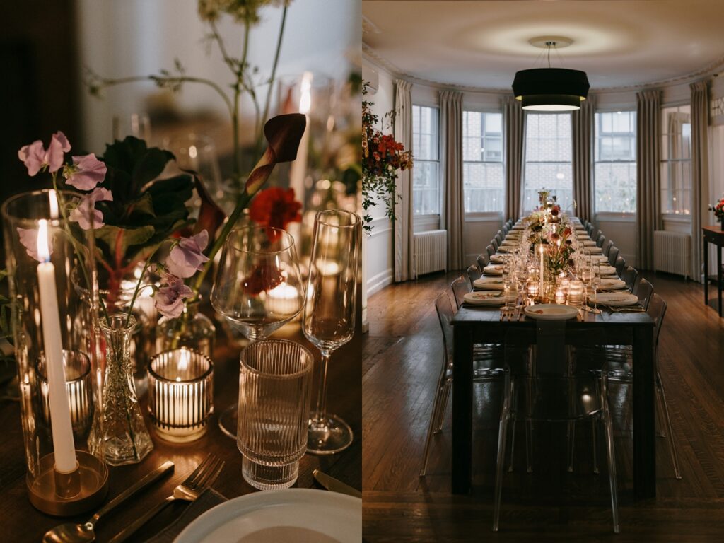 Left: Candlelit reception table with glassware, florals, and soft ambient lighting. Right: Long reception table set with candles, florals, and place settings by large windows.