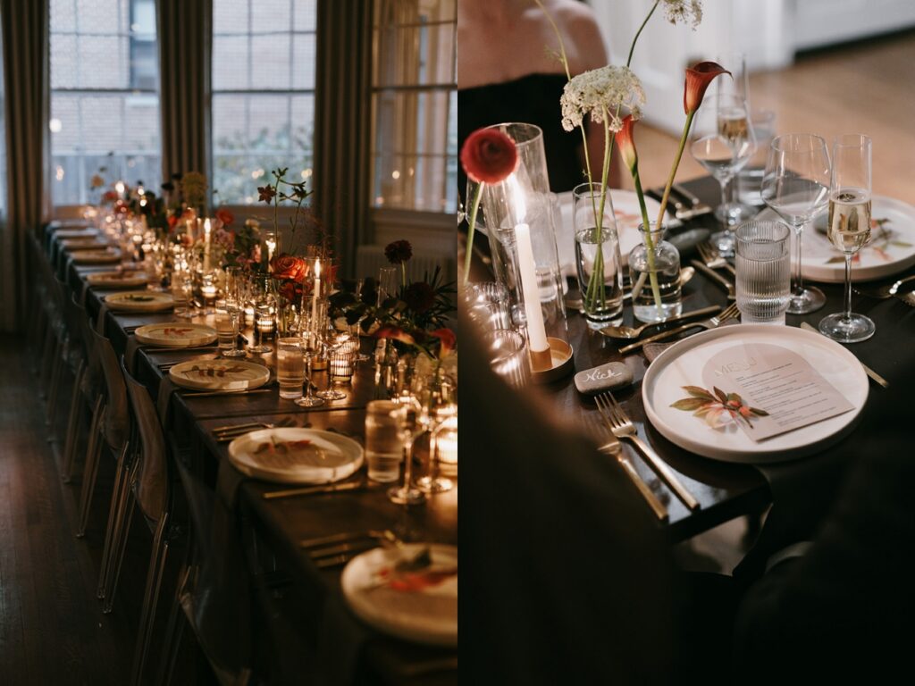 Left: Long candlelit dinner table with layered place settings and floral centerpieces. Right: Place setting with menu card, name stone, and floral stems in glass vases.