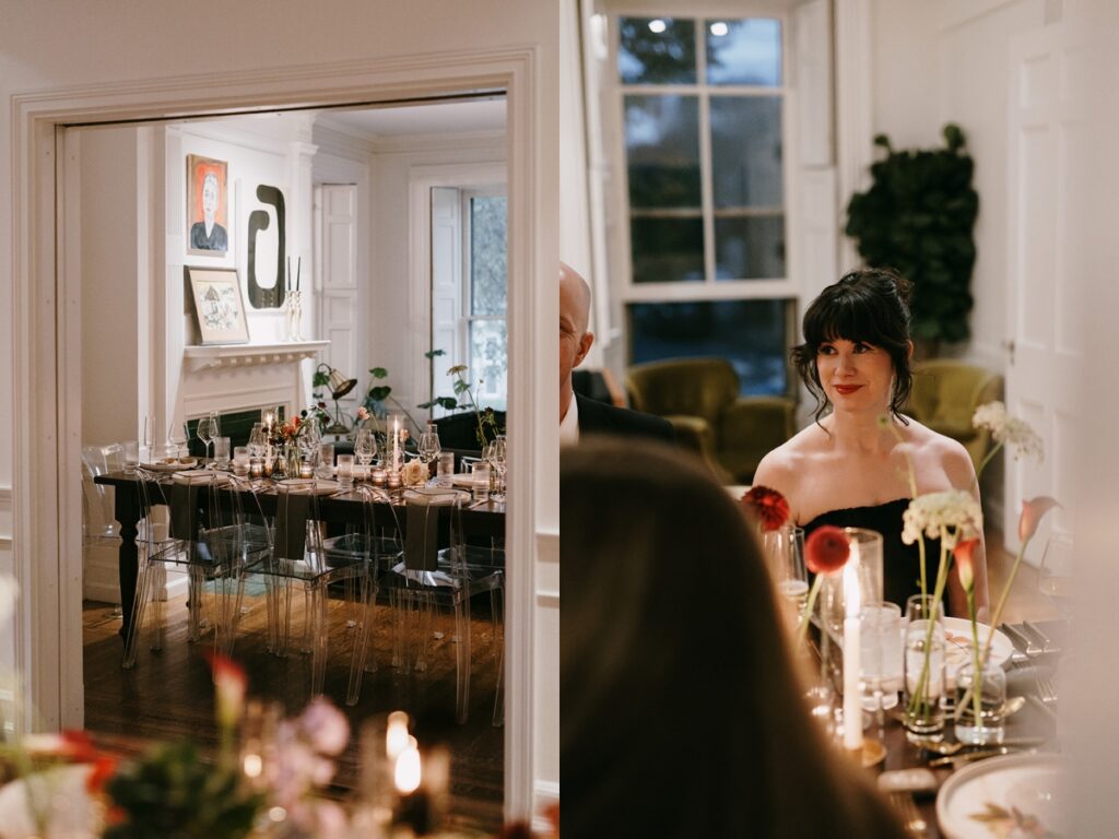 Left: Reception table viewed through doorway with clear chairs and candlelight. Right: Guest seated at table with florals and candles in soft indoor lighting.