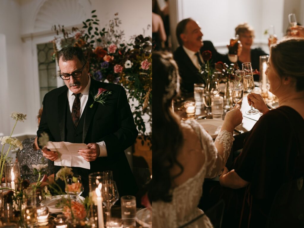 Left: Guest giving a speech while holding paper at a candlelit reception table. Right: Guests raising champagne glasses during a toast at dinner.