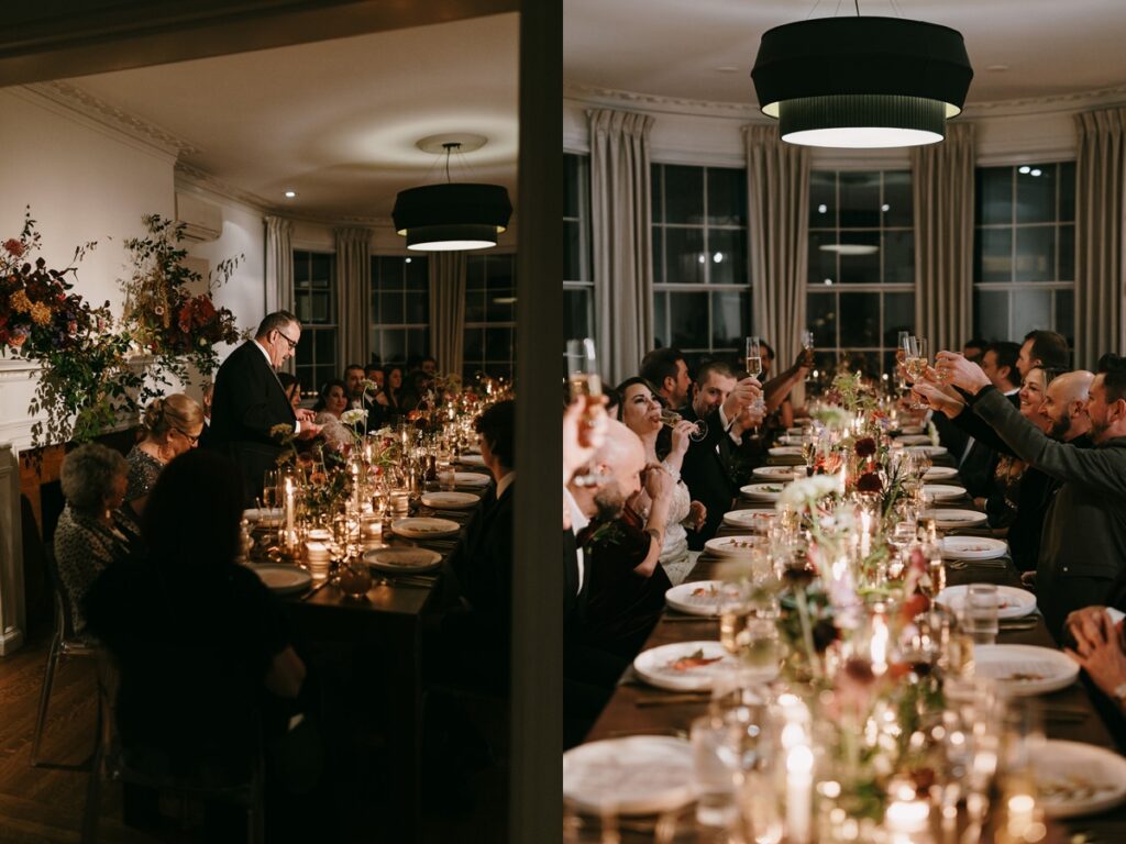Left: Wide view of reception speech with guests seated around candlelit table. Right: Guests raising glasses for a toast along a long dinner table.