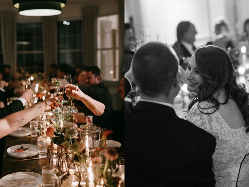 Left: Guests clinking champagne glasses over candlelit table with floral centerpieces. Right: Bride smiling at partner during reception, seated among guests.