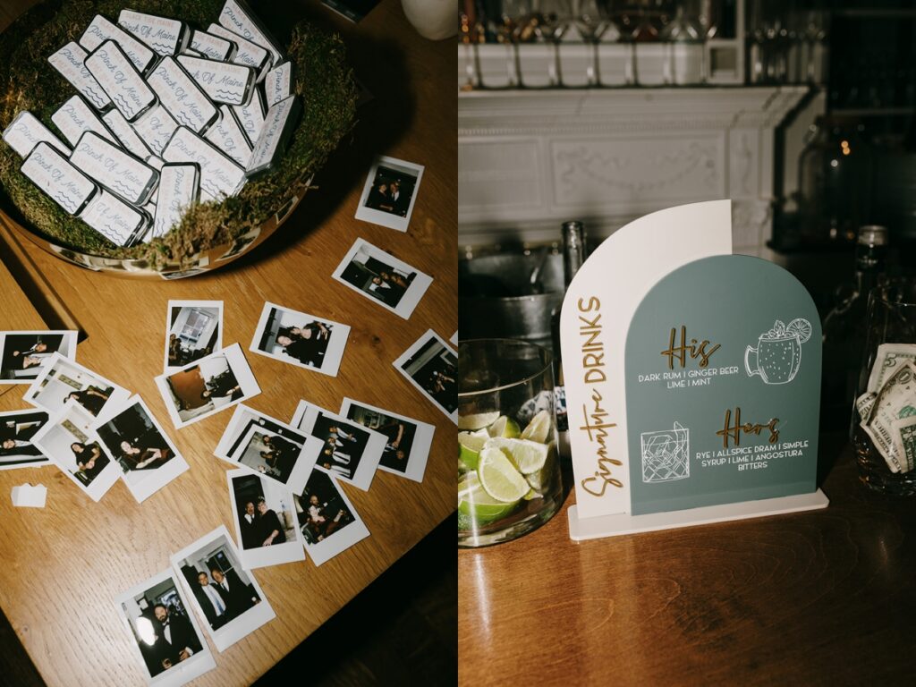 Left: Wedding favors labeled “Pinch of Maine” arranged with scattered instant photos. Right: Signature drinks sign listing “His” and “Hers” cocktails on a bar.Right: Bar setup with stools, glassware, and bottles beneath a styled shelf.