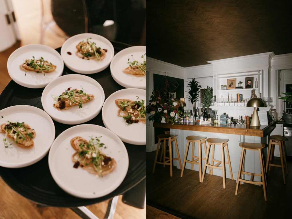 Left: Passed appetizers on small plates with garnish served during reception. Right: Bar setup with stools, glassware, and bottles beneath a styled shelf.