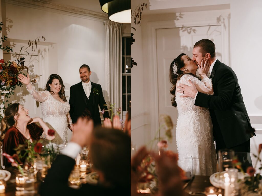 Left: Couple entering reception space as guests cheer around candlelit tables. Right: Couple kissing during reception in front of a softly lit wall.