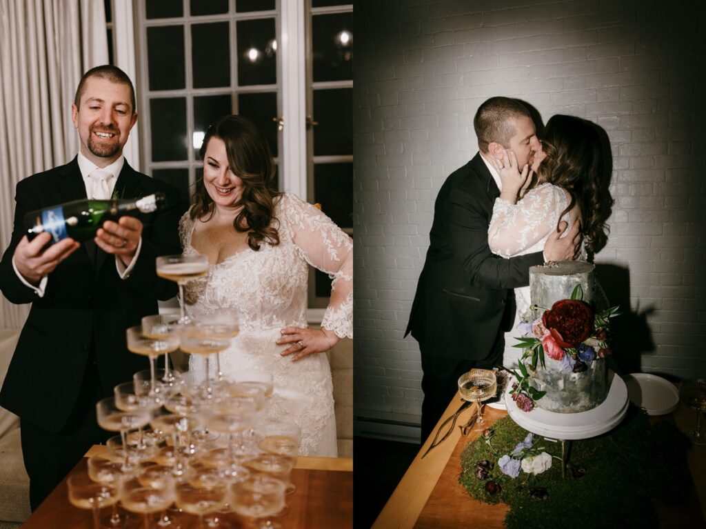 Left: Couple pouring champagne into a stacked tower of coupe glasses. Right: Couple cutting a floral-decorated wedding cake on a wooden table.