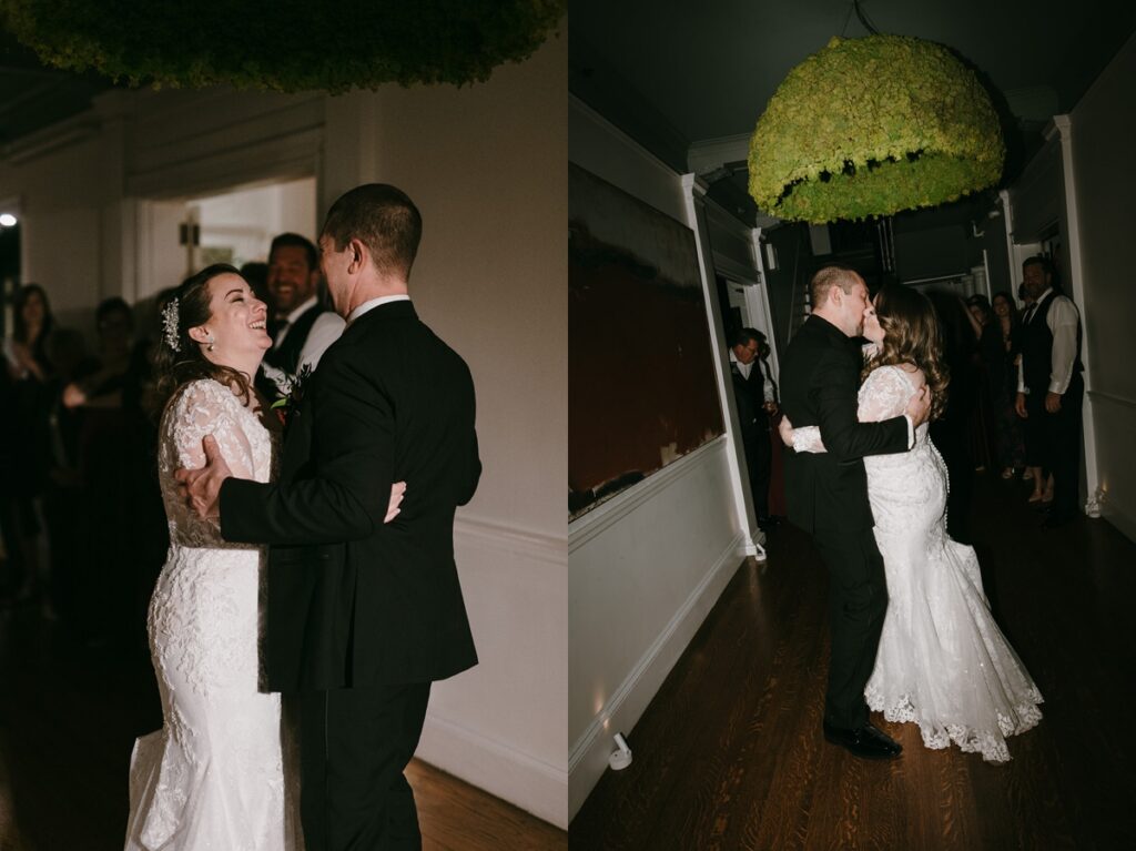 Left: Couple dancing together in a softly lit room surrounded by guests. Right: Couple sharing first dance beneath a hanging greenery installation.
