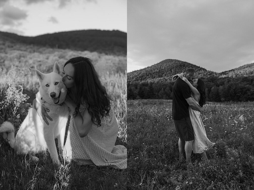 Woman kneeling in a wildflower meadow kissing a white husky and the couple kissing among mountain wildflowers during a New Hampshire engagement session.