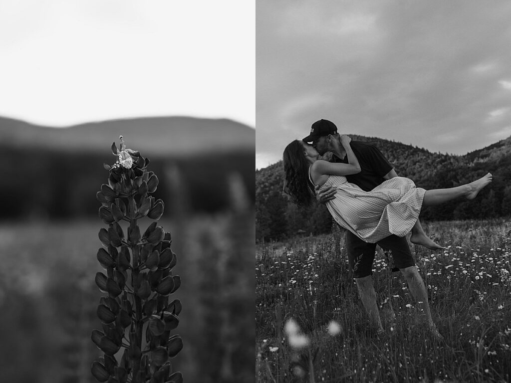Engagement ring resting on a purple lupine flower and a couple kissing as the man lifts the woman in a mountain wildflower meadow.