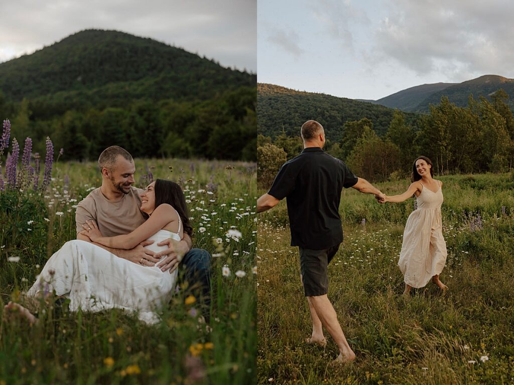 Couple sitting together in a wildflower meadow and walking hand in hand through the field with mountains in the background in New Hampshire.