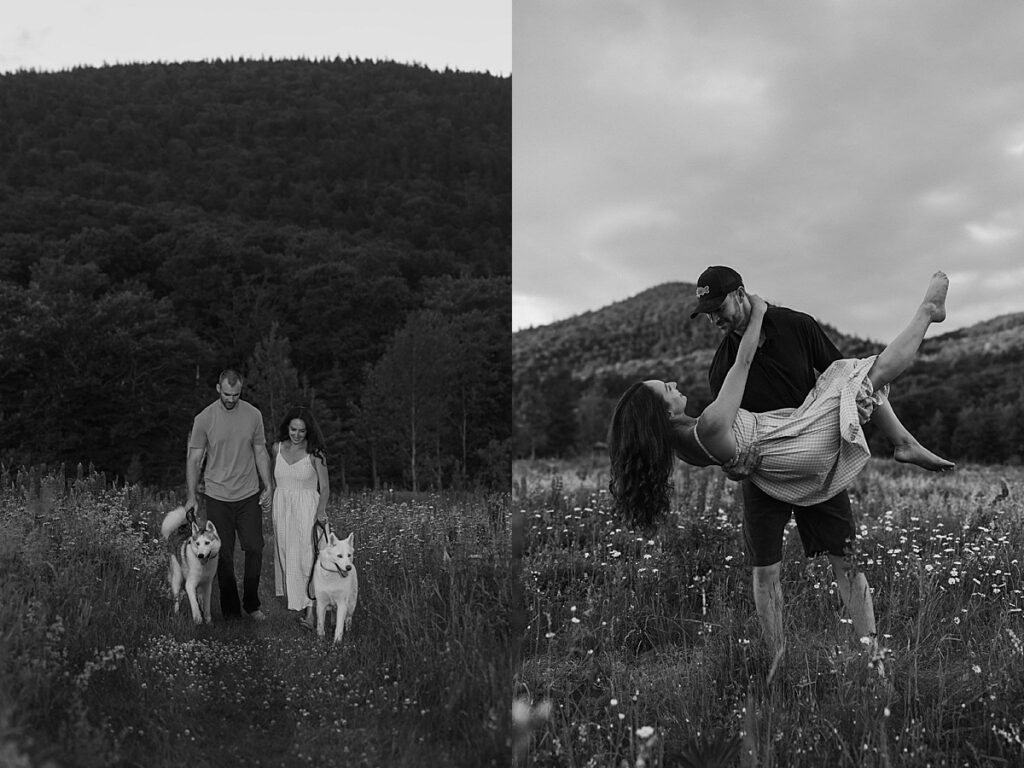 Couple walking with two husky dogs through a mountain wildflower meadow and the man dipping the woman among flowers in New Hampshire.
