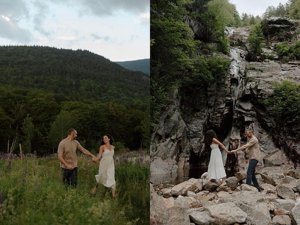 Couple holding hands while walking through a wildflower meadow and climbing rocks together near a mountain waterfall in New Hampshire.