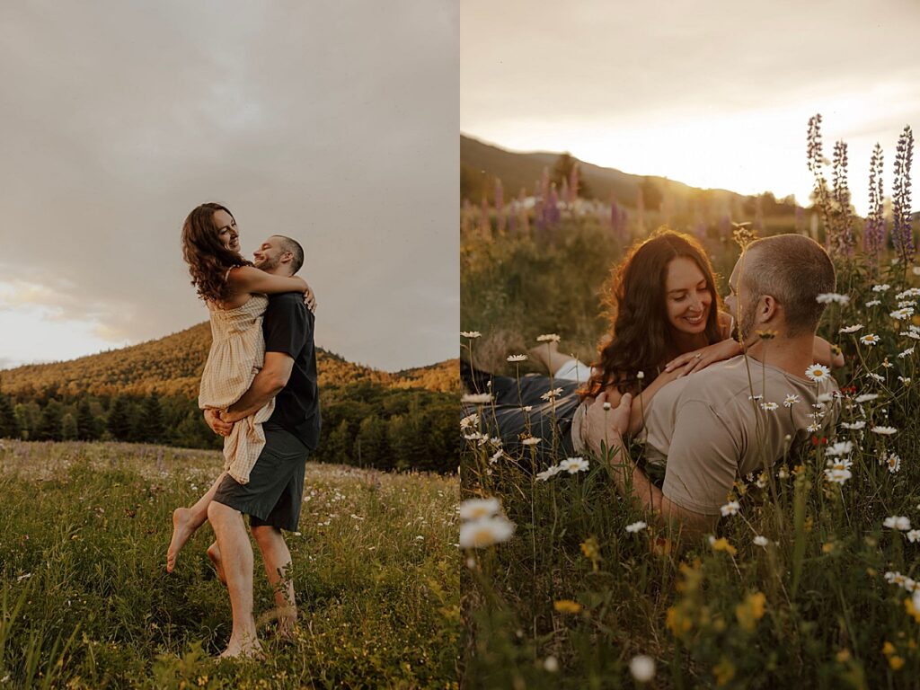 Man lifting woman in a wildflower meadow at sunset and the couple lying together among daisies and lupine flowers in the mountains.