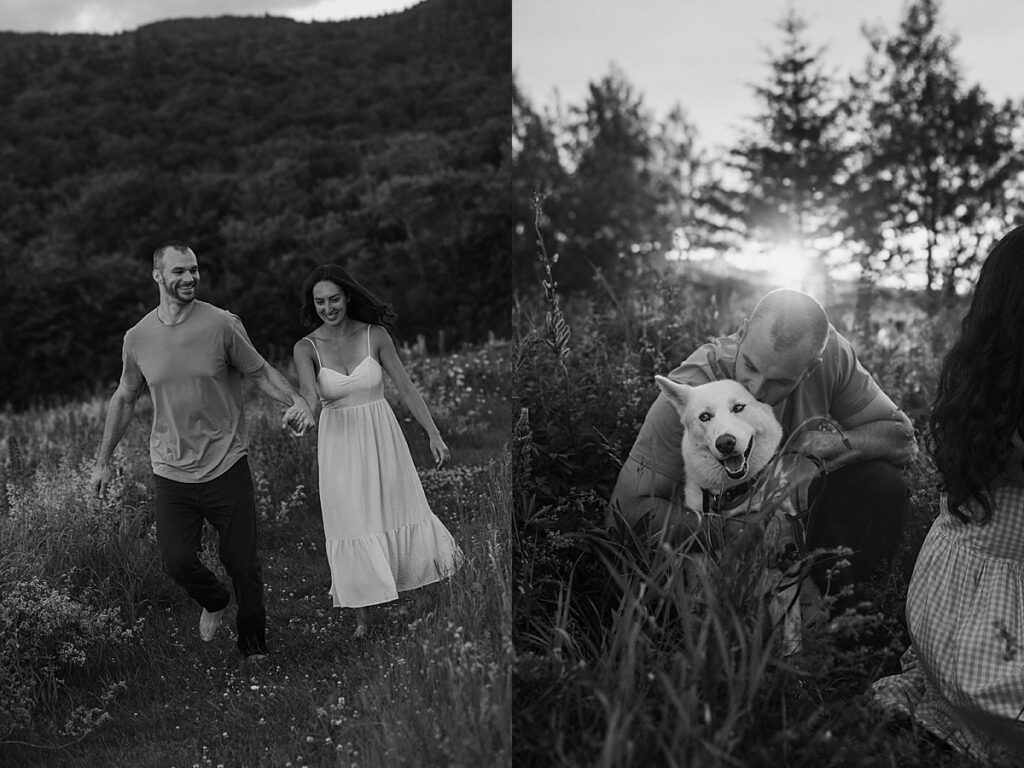 Black and white photos of a couple walking through a wildflower meadow and a man hugging a husky dog during a New Hampshire engagement session.