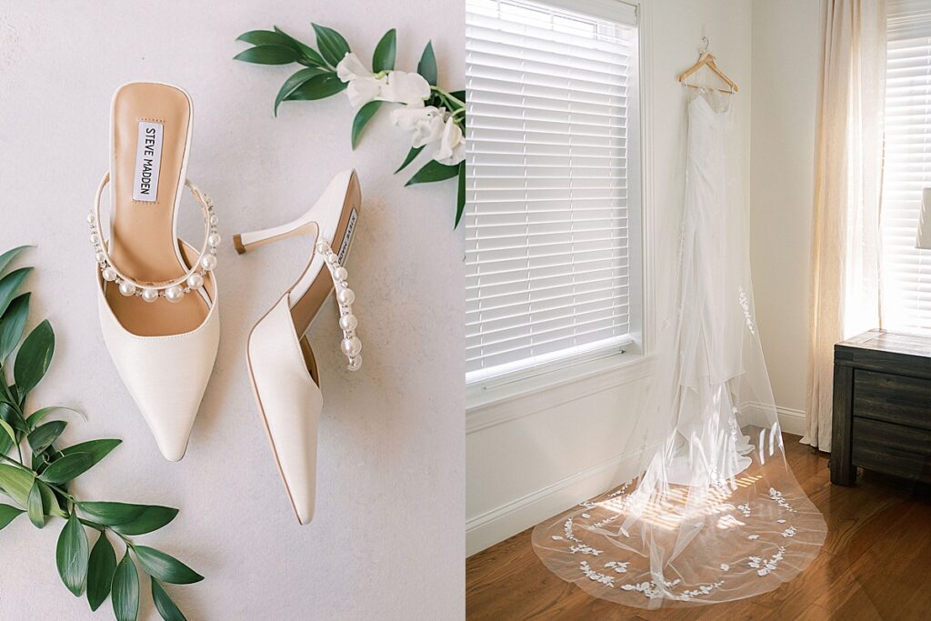 Pearl-strap bridal heels styled with greenery alongside wedding dress hanging by sunlit window.